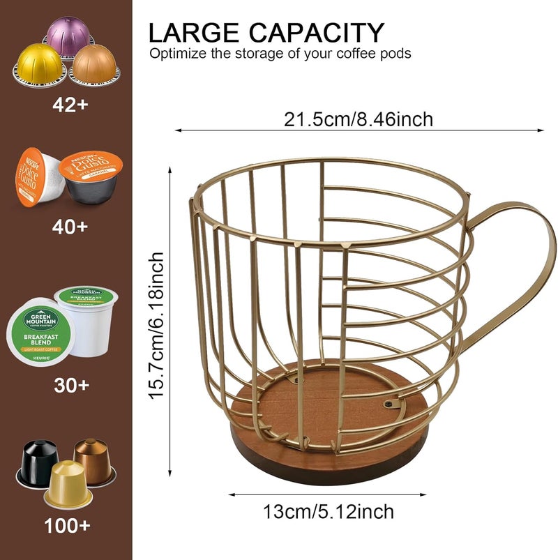 MFBJXC Large Capacity Wire Kup Storage with Wooden Base, Mug Shape Wire Storage Basket for Home Cafe Bar Countertop Kitchen Decor Storage Accessories Gold - Image 4